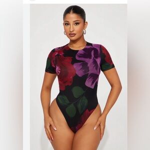 Fashion Nova Sweetest Scent Mesh Black Floral Bodysuit